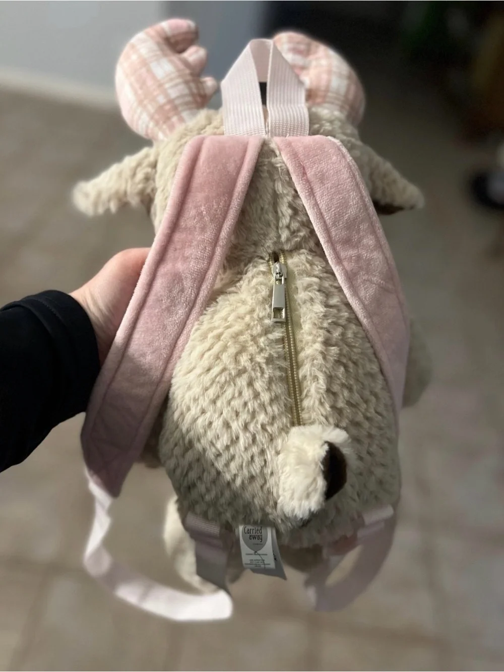 Pink and Tan Plaid Moose Stuffed Backpack - Carried Away by Stepping Stones